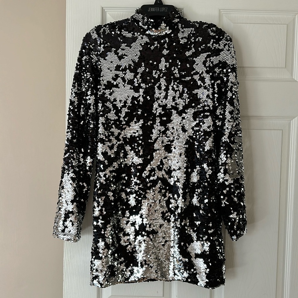 Six Crisp Days Black and Silver Long Sleeve Sequined Mock Neck Dress